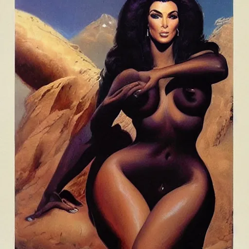 Prompt: epic portrait of kim kardashian by frank frazetta and boris vallejo