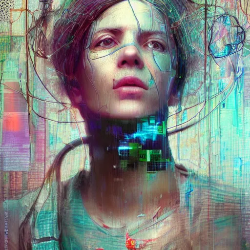 Prompt: portrait of a female cyberpunk hacker, with wires and bandages, machines, glitched, photography, marta syrko, julia margaret cameron, painterly, dripping and splashing coloured paint. scumbling, de kooning, craig mullins