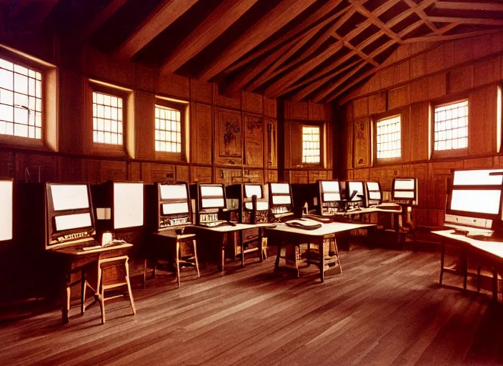 Image similar to realistic photo interior of the spacious wooden polished medieval expensive wooden room observatory scientific interior with dozens of computers and displays and molecules 1 9 9 0, life magazine reportage photo