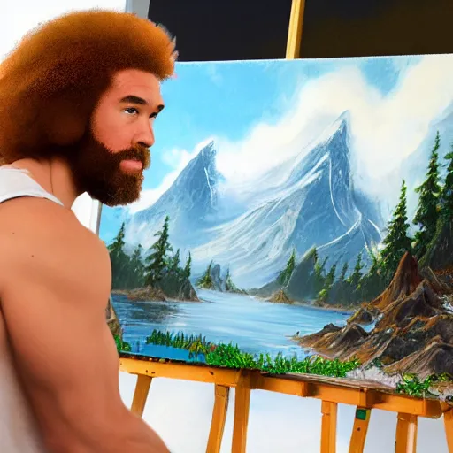 Image similar to a closeup photorealistic photograph of bob ross working on a canvas painting of aquaman. film still. brightly lit scene. mountains and trees. this 4 k hd image is trending on artstation, featured on behance, well - rendered, extra crisp, features intricate detail, epic composition and the style of unreal engine.