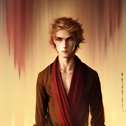 Prompt: colorful Captivating teenage boy with brown blond hair and thin facial structure, brown eyes with red eye markers, slim body, wearing a detailed Japanese kimono with golden details, atmospheric lighting, painted, intricate, 4k, highly detailed by Charlie Bowater