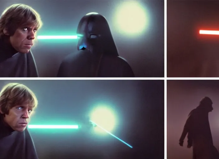 Image similar to screenshot from the film, Luke Skywalker faces off against unknown sith lord in electricity filled temple, 1970s film directed by Stanley Kubrick, Kodak color film, LUT, 4K, hyperdetailed, iconic scene, moody cinematography, anamorphic lenses