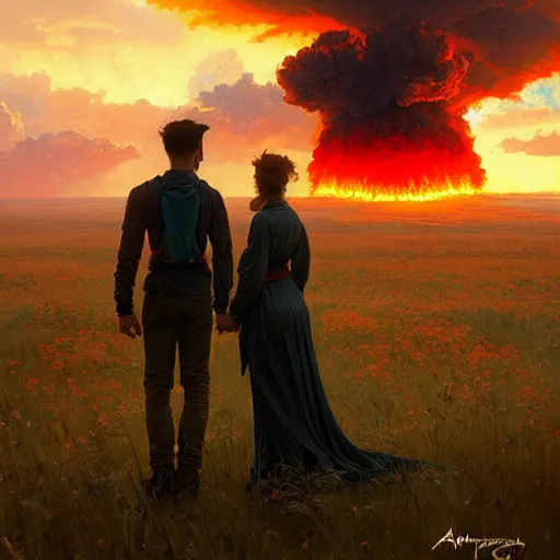 Image similar to a young couple watching a nuclear explosion, romantic, mushroom cloud, uplifting, happy, apocalytic detailed digital matte painting by artgerm, greg rutkowski and alphonse mucha