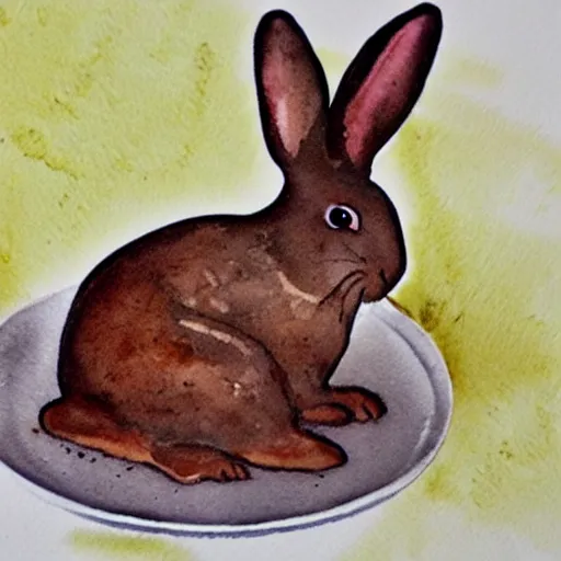 Prompt: a rabbit baking a chocolate cake, realistic watercolour