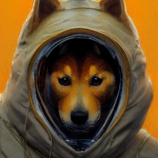 Image similar to realistic anthropomorphic shiba inu, in hazmat suit armor, fantasy science fiction, glowing electric aura, by donato giancola and greg rutkowski and wayne barlow and zdzisław beksinski, realistic face, visible face, digital art, artstation, symmetry