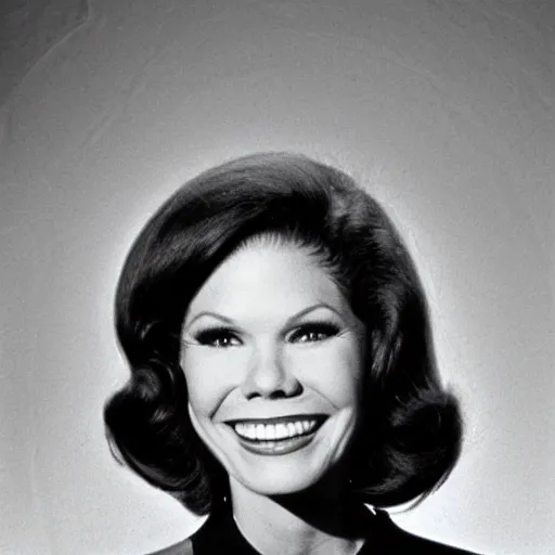 Prompt: A photo of Mary Tyler Moore in her younger days in a black and white photo. The date of the photo is 1963.
