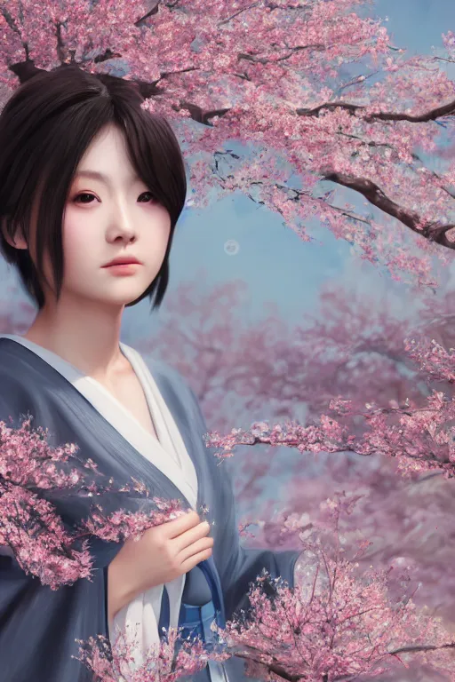 Prompt: photorealistic matte painting of a beautiful japanese girl, wearing kimono, sakura trees in background, smooth, porcelain skin, gorgeous eyes, artstation, 4 k, 8 k