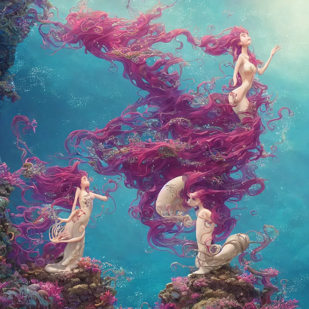 Prompt: a little mermaid in a long dress singing in the colorful ocean, correct human body and perspective, pearls and shells, fantasy art by ferdinand knab, makoto shinkai and ilya kuvshinov, rossdraws, tom bagshaw, trending onstudio ghibli, radiant light, highly detailed, octane render, 8 k