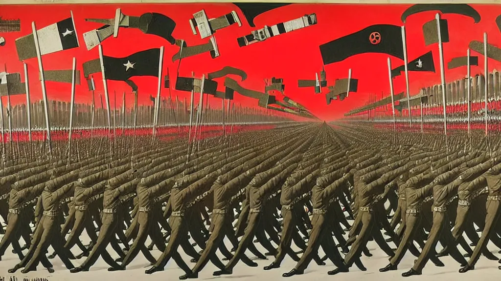 Image similar to army parade glorious march, futuristic alternate timeline, anarcho - communist hordes, red and black flags, modernist factories in background, art by max ernst, cnt spanish civil war era propaganda