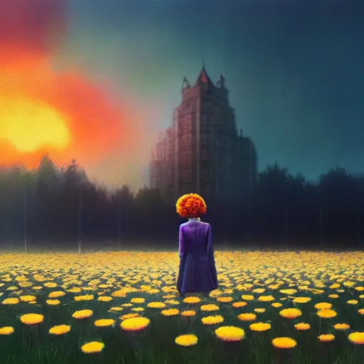 Prompt: huge daisy flower head, frontal, a girl in a suit, surreal photography, sunrise, dramatic light, impressionist painting, digital painting, artstation, simon stalenhag