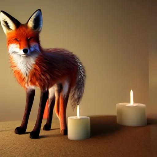 Image similar to a beautiful hyper realistic ultra detailed lifelike matte painting of a fox in front of a candle, unreal engine, deviantart, flickr, artstation, octane render, textured, colorful, extreme realistic detail, physically based rendering, pbr render, very detailed, volumetric lighting, detailed lighting, octane render, 4 k, cinematic lighting, 8 k resolution