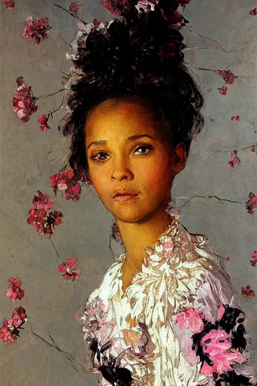 Image similar to close - up fashion black woman portrait airy flowers clouds art by vasnetsov