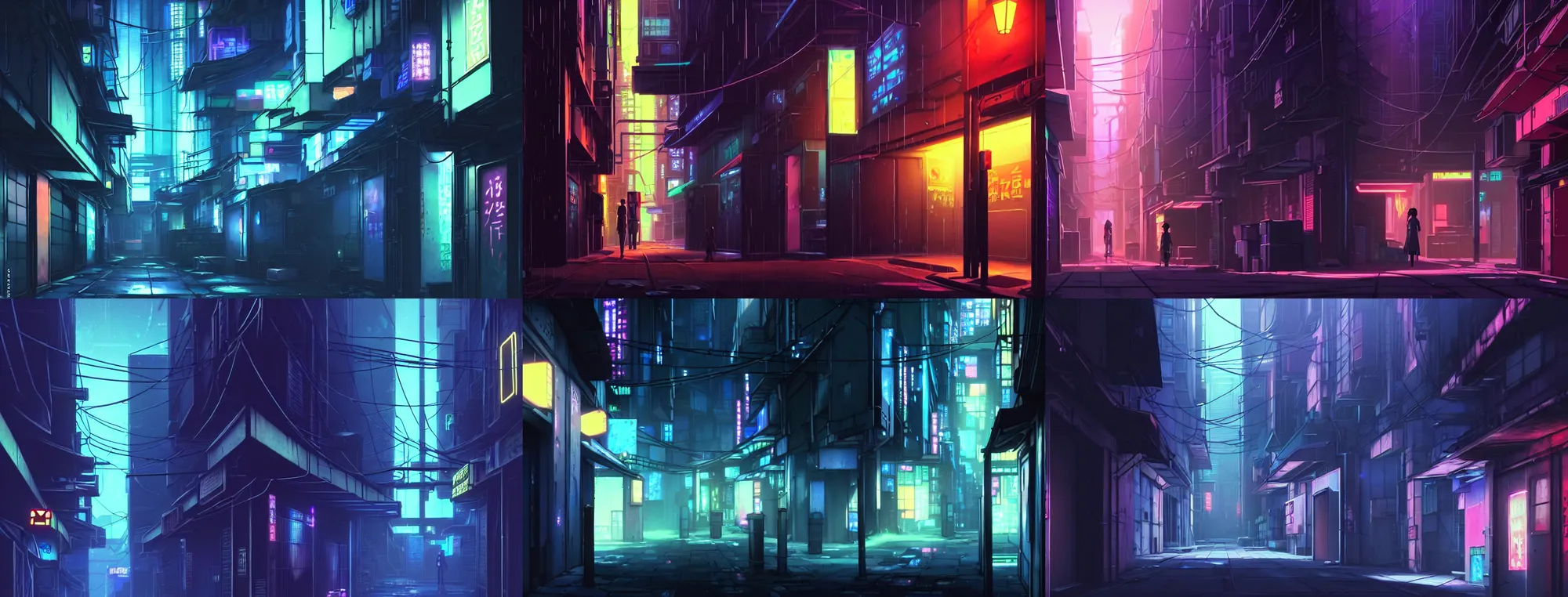 Prompt: a close up of a city alleyway in the atmospheric cyberpunk anime film, neon noir, at night with neon lights, by makoto shinkai, in the anime film ergo proxy, gouache matte painting