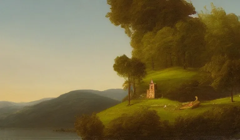 Prompt: A serene landscape with a singular building in the style of Thomas Cole.