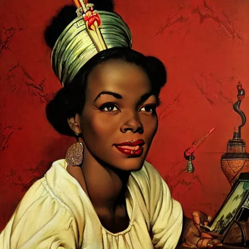 Image similar to an african queen by gil elvgren and norman rockwell and rob gonsalves, hyperrealistic, high detail