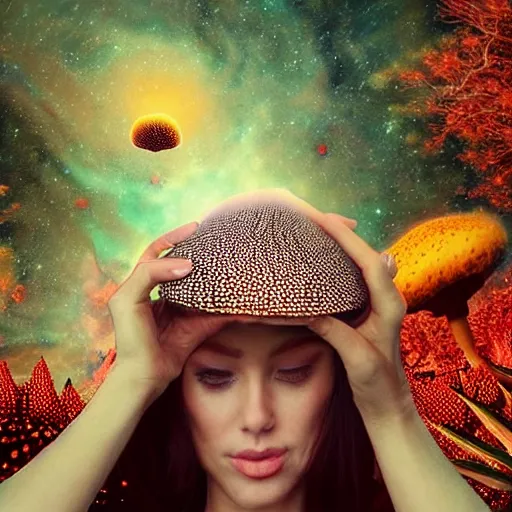 Image similar to beautiful woman smoking weed with amanita muscaria, hyperreal, ethereal, realistic, extremely detailed, space background