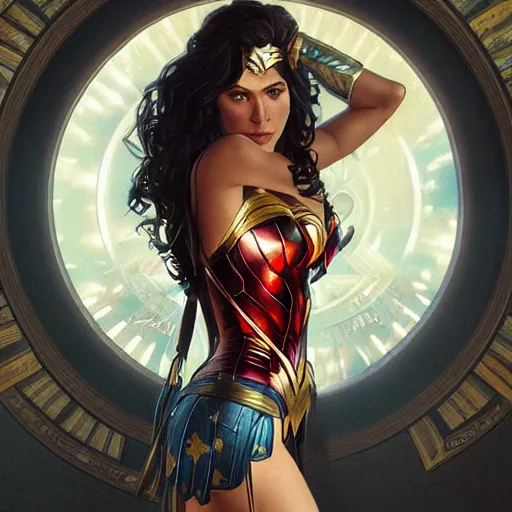 Image similar to full figure ultra realistic illustration, solarpunk wonder woman, intricate, elegant, highly detailed, digital painting, artstation, concept art, smooth, sharp focus, illustration, art by artgerm and greg rutkowski and alphonse mucha