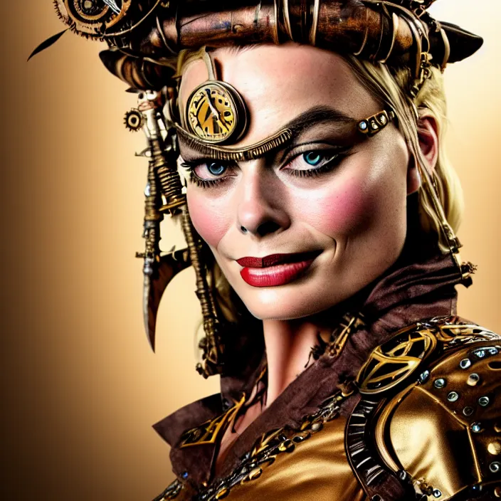 Prompt: full length portrait photograph of a margot robbie as a steampunk amazon warrior. Extremely detailed. 8k