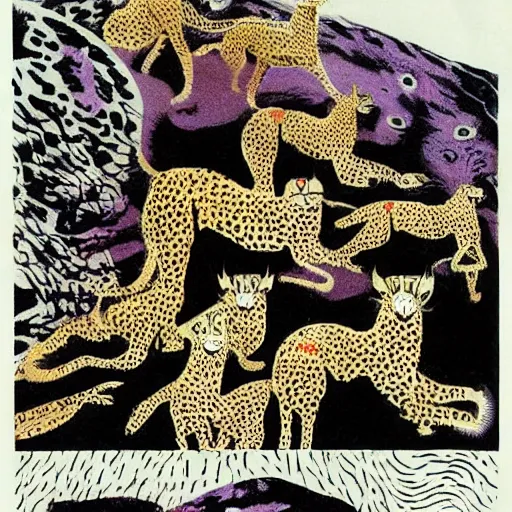 Image similar to animal print pattern world, animals dancing around a fire, post apocalyptic future, comic style, artwork by jack Gaughan + roger dean + robert Kirkman