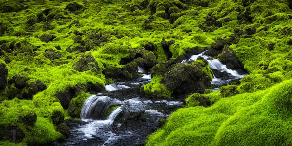 Image similar to photo of a landscape with lush forest, wallpaper, very very wide shot, iceland, new zeeland, green flush moss, national geographic, award landscape photography, professional landscape photography, waterfall, stream of water, hibiscus flowers, big sharp rock, ancient forest, primordial, sunny, day time, beautiful