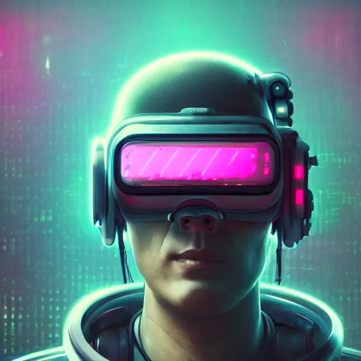 Image similar to cyberpunk concept cool cyborg bot, cinema 4 d, galaxy, cosmos, ufo, space sci - fi, wearing vr goggles, illustration, portrait, pastel neon textured background night, trending on artstation, greg rutkowski, octane rendered, 1 2 k, detailed,