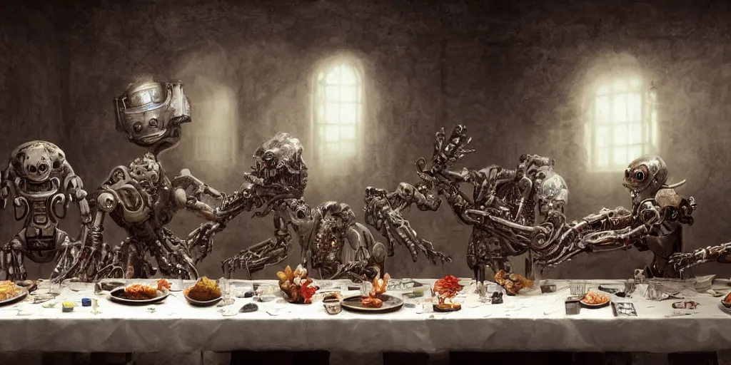 Prompt: last supper realistic robot , A Monster Emerges - inspired by 'The Beholder' Concept by Marcus Whinney trending on artstation