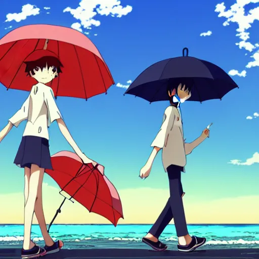 Image similar to anime girl and boy walking together on the Beach, Rain, umbrella, by makoto shinkai, Studio Ghibli, anime wallpaper, illustration, 4k Wallpaper, flat colors, trending on artstation, cgsociety