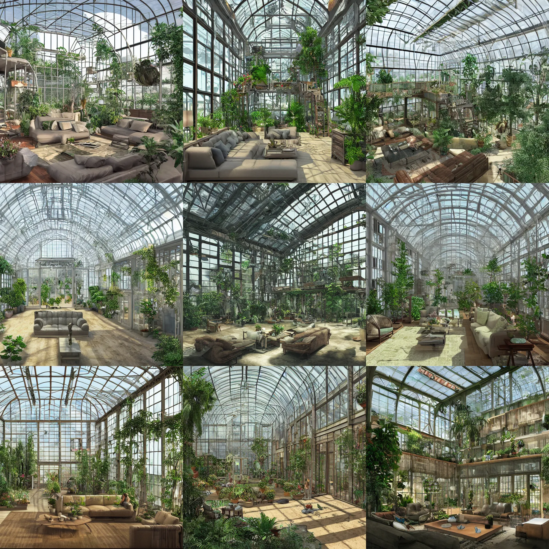 Prompt: residential living room inside enormous greenhouse, aetherpunk architecture, interior view digital detailed matte painting