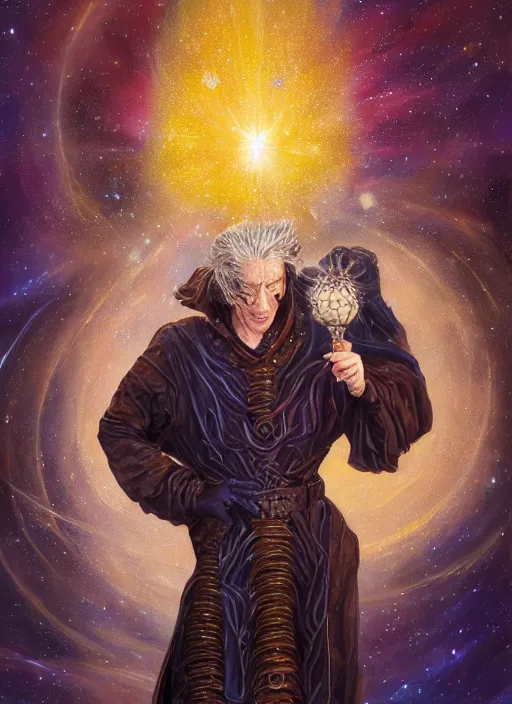 Prompt: high intricate painting of the sandman holding a glimmering galaxy, full shot, neil gaiman, maria panfilova, andrea savchenko, mike kime, ludovic plouffe, qi sheng luo, oliver cook, julian calle, eddie mendoza, trending on artstation