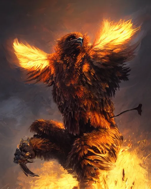 Image similar to oil painting of Angry Anthropomorphized Eagle Berserker, wearing fur armor, claws, sharp focus, attack pose, fantasy style, octane render, volumetric lighting, 8k high definition, by greg rutkowski, highly detailed, trending on art Station, magic the gathering artwork, burning Battlefield background, centered