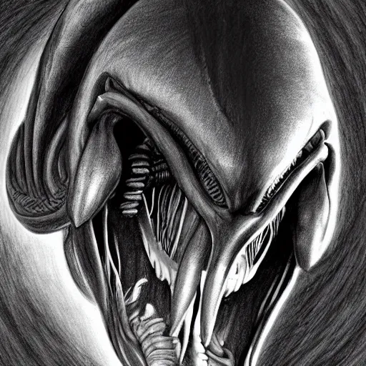 Prompt: a drawing of a xenomorph, artstation hall of fame gallery, editors choice, #1 digital painting of all time, most beautiful image ever created, emotionally evocative, greatest art ever made, lifetime achievement magnum opus masterpiece, the most amazing breathtaking image with the deepest message ever painted, a thing of beauty beyond imagination or words, 4k, highly detailed, cinematic lighting