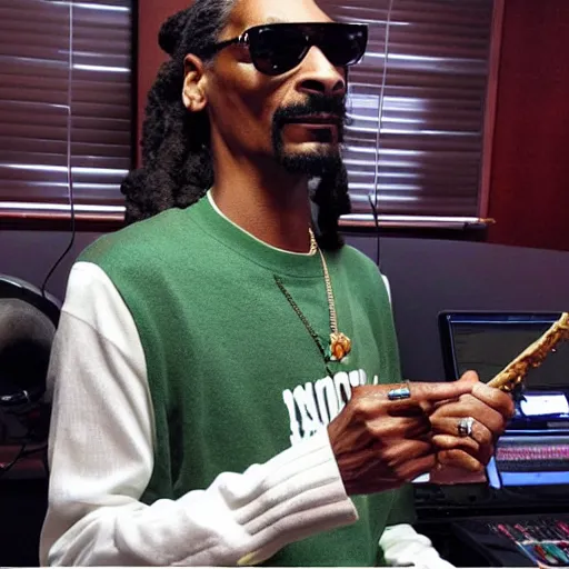 Image similar to Snoop Dogg is holding a joint that has green smoke coming out of it while he is sitting in a studio and doing a podcast.