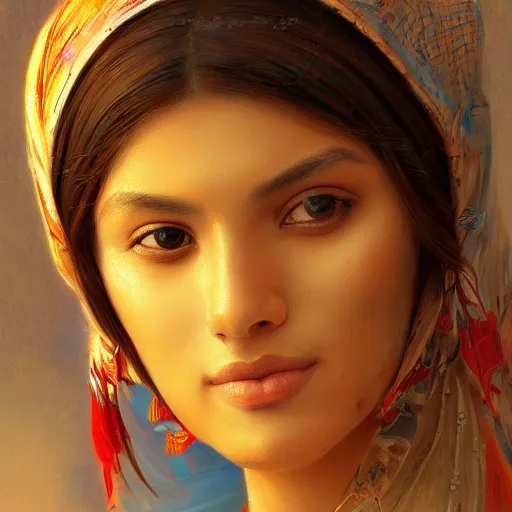 Image similar to a beautiful portrait painting of life in north africa, masterpiece by famous artist nasreddine dinet and eugene de blaas and ross tran, path tracing, artstation