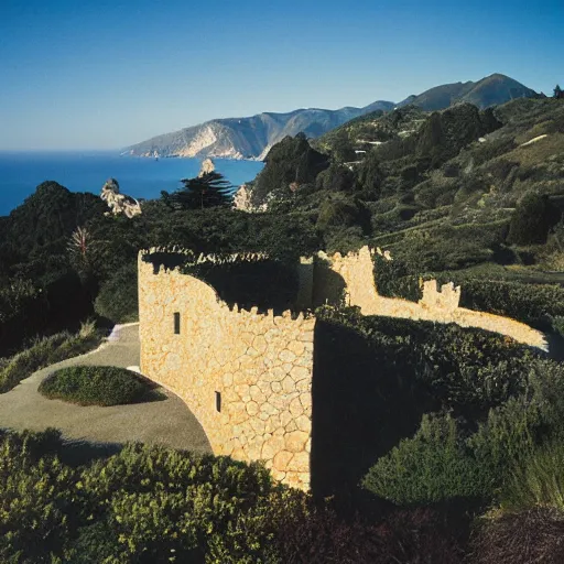 Prompt: castle designed by renzo piano overlooking big sur. landscape design by andre le notre. fujinon premista 1 9 - 4 5 mm t 2. 9. portra 8 0 0. w 1 0 8 8