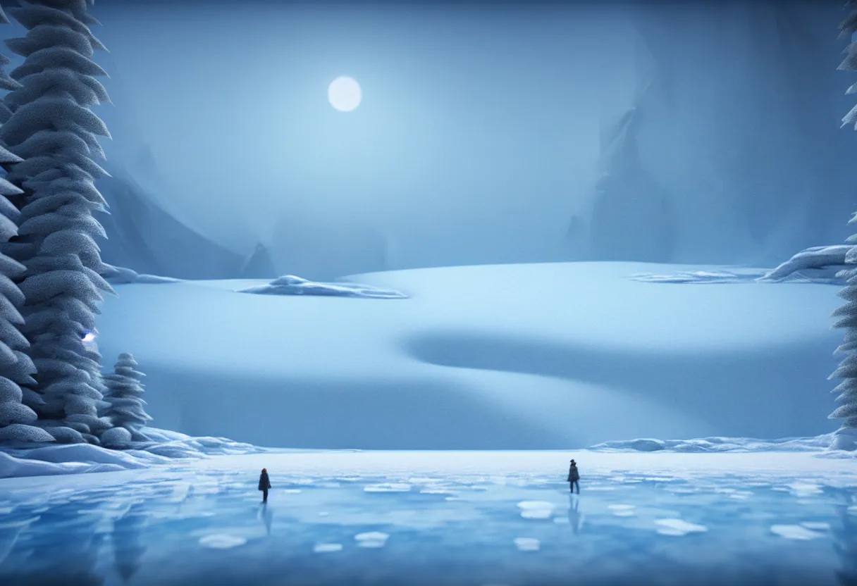 Image similar to inside of frozen lake winter landscape of human mind and imagination, matte painting, beautiful render, octane render, concept art