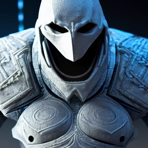 Image similar to a high resolution render of moon knight mixed with krator from gow, artstation, accurate, 8 k, cgivfx, quixel, wetastudiofx, bigstudiovfx, octanerender 3 d, framestorevfx, cgrecord, highdensity, highradiosity