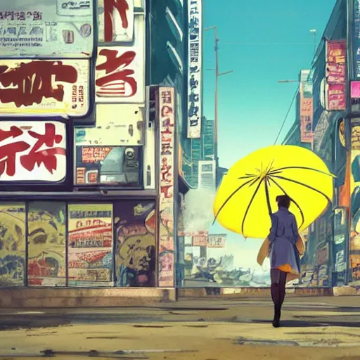 Image similar to incredible wide screenshot, ultrawide, simple watercolor, rough paper texture, ghost in the shell movie scene, backlit distant shot of girl in a parka running from a giant robot invasion side view, yellow parasol in deserted dusty shinjuku junk town, broken vending machines, bold graphic graffiti, old pawn shop, bright sun bleached ground, mud, fog, dust, windy, scary robot monster lurks in the background, ghost mask, teeth, animatronic, black smoke, pale beige sky, junk tv, texture, brown mud, dust, tangled overhead wires, telephone pole, dusty, dry, pencil marks, genius party,shinjuku, koji morimoto, katsuya terada, masamune shirow, tatsuyuki tanaka hd, 4k, remaster, dynamic camera angle, deep 3 point perspective, fish eye, dynamic scene