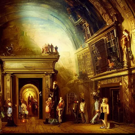 Image similar to underground tunnels inhabited by chubby white businessmen, mechanical computers, lights and switches, portal to the dreamworld, baroque oil painting