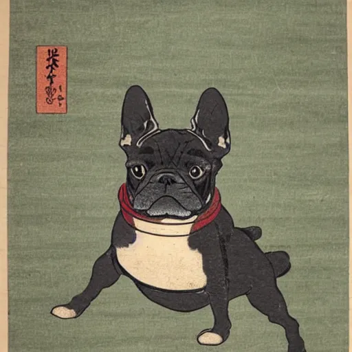 Prompt: Japanese woodblock print of a brindle French bulldog samurai