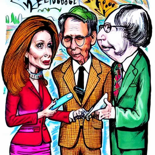 Image similar to The Artwork of R. Crumb and his Cheap Suit Mitch McConnell and Nancy Pelosi go shopping, pencil and colored marker artwork, trailer-trash lifestyle