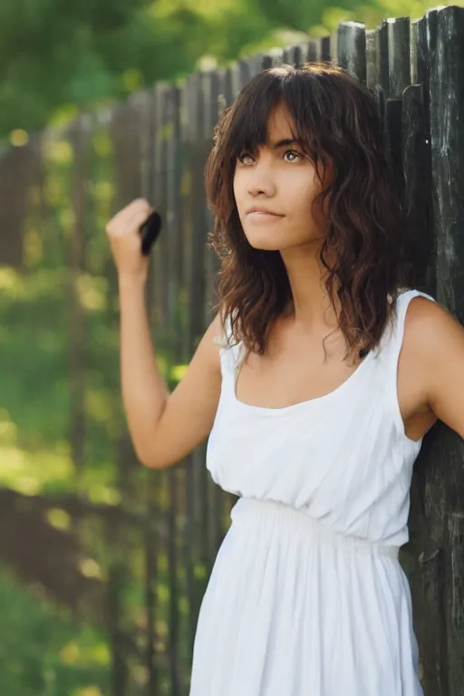 Prompt: tanned woman in a white summer dress, looking at camera, wide brown eyes, thick wavy hair with bangs , by a fence