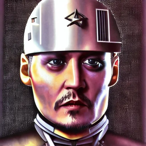 Image similar to johnny depp as a borg drone, tng, star trek, the borg, cybernetic implant, borg collective, hd, full length portrait, detailed face