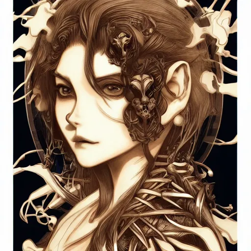 Image similar to anime manga skull profile young woman skeleton, elf, ape, monkey, unreal engine, intricate, elegant, highly detailed, digital art, art by JC Leyendecker and sachin teng