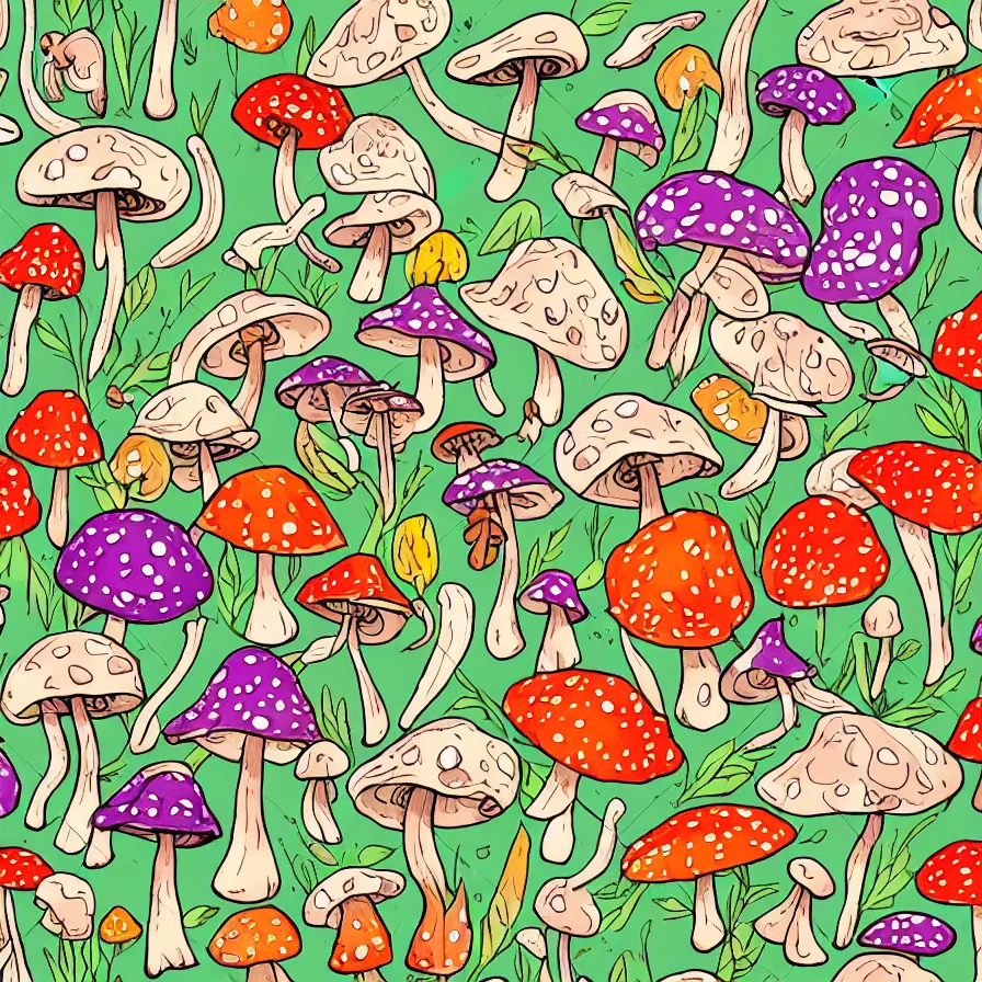 Image similar to plethora of mushroom characters and mycelium, vivid natural color hues and natural surroundings, colorful painted patterns and motifs on mushrooms, seamless fabric pattern 8K, highly detailed.