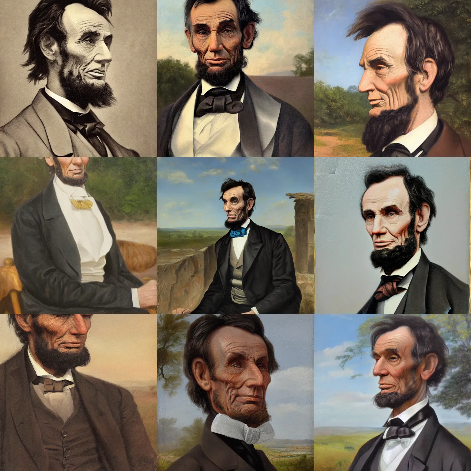 Prompt: facial portrait of abraham lincoln, sweating underneath the sun in gettysburgh, oil on canvas by william sidney mount - 1 8 3 3, trending on artstation