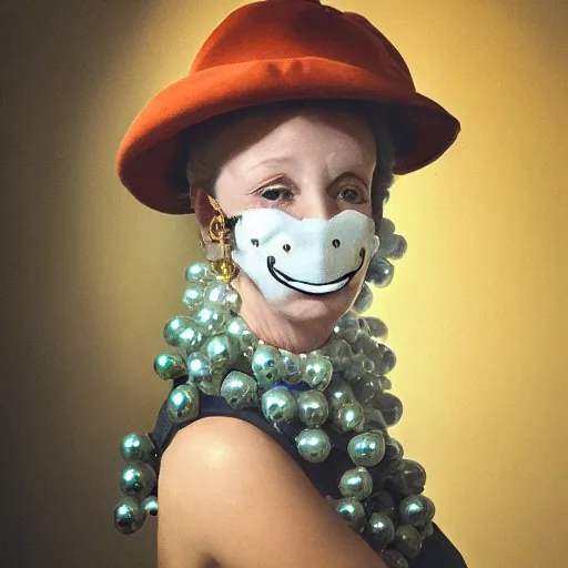 Prompt: a woman wearing a mask with pearls on it, a surrealist painting by michelangelo, trending on cg society, rococo, adafruit, art, rococo