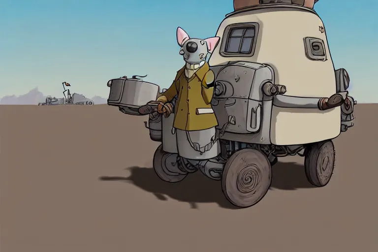 Image similar to a study of a cell shaded cartoon of a grey mechanized puppy from howl's moving castle ( 2 0 0 4 ), on a desert road, full body, wide shot, very muted colors, post grunge, studio ghibli, laurie greasley, highly detailed, deviantart, art by artgem