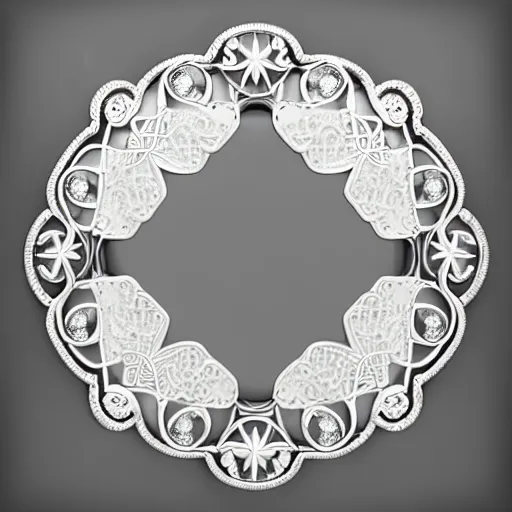 Prompt: filigree nordic jewelry isolated on white background and a flower in the background, refraction, occlusion, lower and upper levels, keyshot render, octane render, vray render