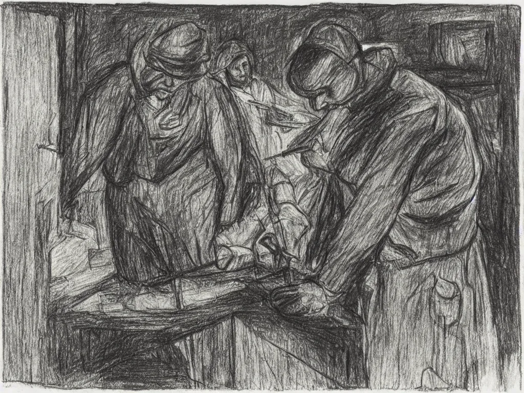 Prompt: Portrait of a factory worker at night. Drawing by Kathe Kollwitz