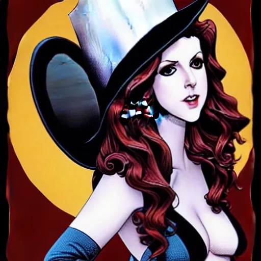 Prompt: beautiful Anna Kendrick Zatanna DC Comics on stage, wearing a top hat, symmetrical face symmetrical eyes, beautiful smile, intricate details, atmospheric, art by eiichiro oda, Joshua Middleton art